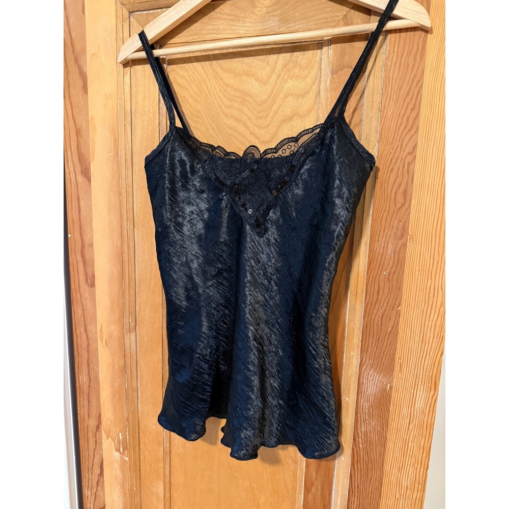 Studio Y Black Satin Y2K Camisole Lace Sequin Trim V-Neck Top XS Made in USA